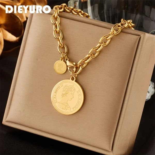 DIEYURO Stainless Steel Gold Coin Necklace