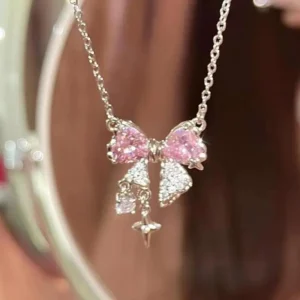 Korean Bowknot Pink Zircon Necklace